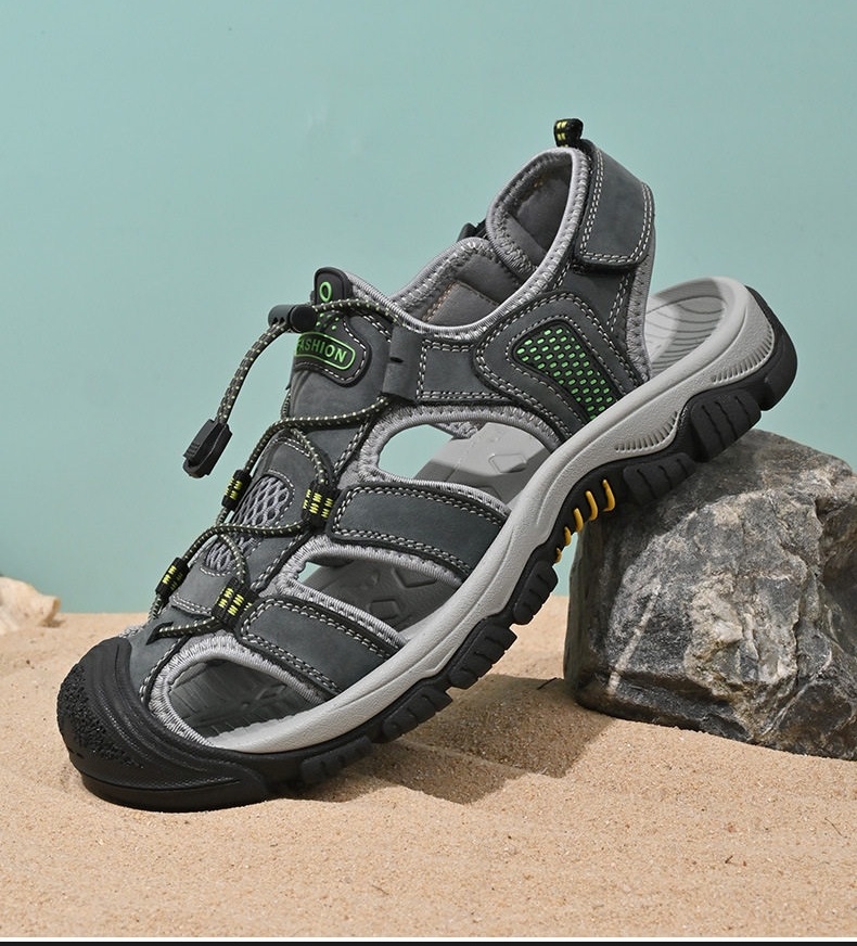 Sandal Nam Da Bò Mũi Bọc Dây Rút Thể Thao Thoáng Khí Đế Cao 3cm chi tiết 5