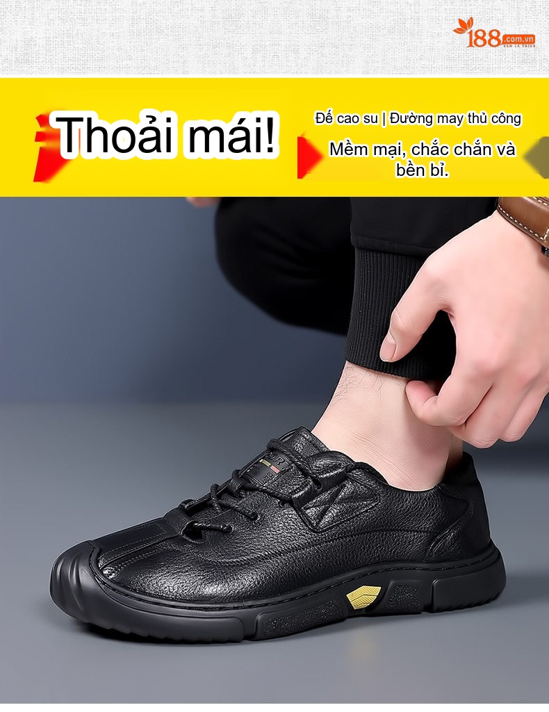 Giày Da Bò Nam Buộc Dây Mũi Tròn Phong Cách Thường Ngày Chiều Cao Đế Khoảng 3cm Màu Đen chi tiết 3
