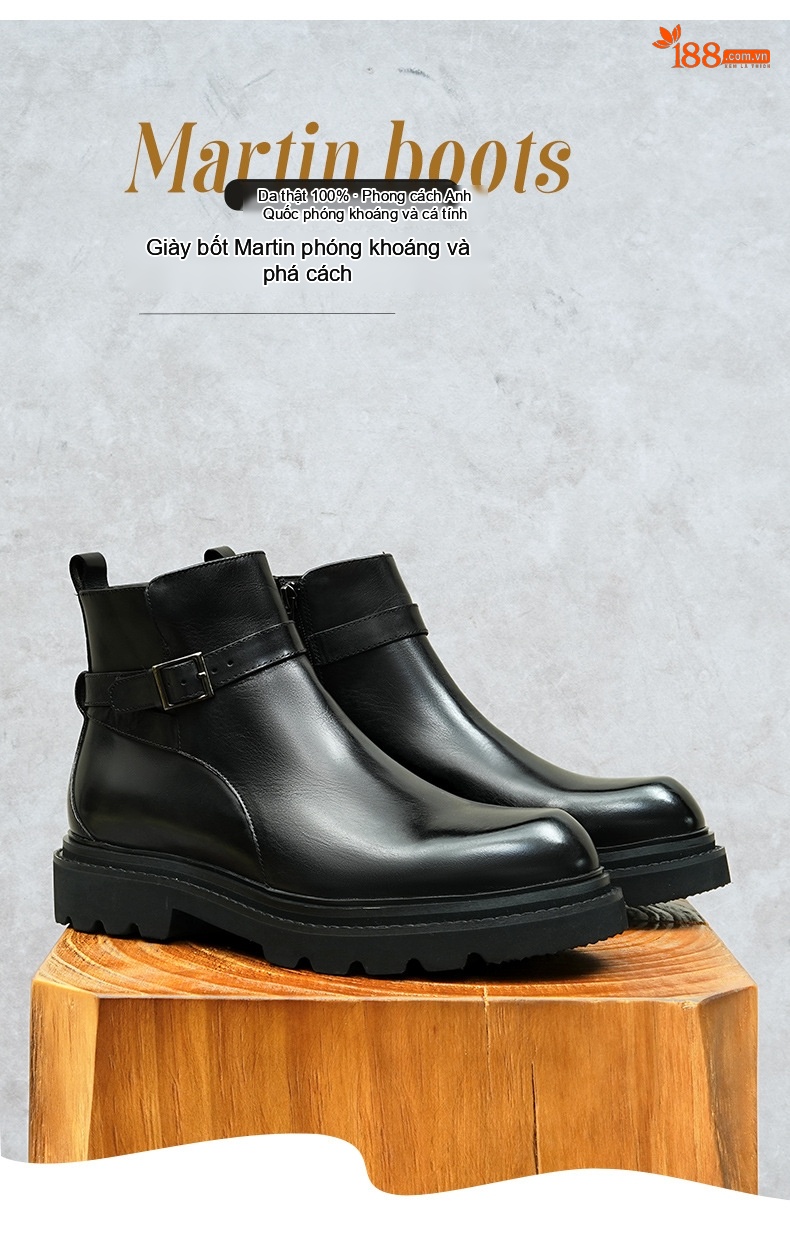 Boot Nam Cao Cổ Da Bò Khóa Cài Phong Cách Anh Quốc Chiều Cao Đế Khoảng 4cm Màu Đen, Nâu Đỏ chi tiết 1