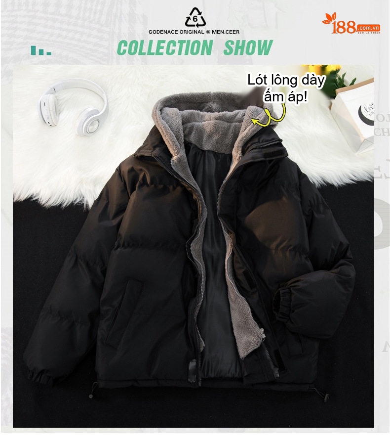Áo Khoác Cotton Nam Dáng Rộng Giả Hai Lớp Lông Cừu Non Có Mũ Trùm Đầu Màu Kem, Đen chi tiết 1