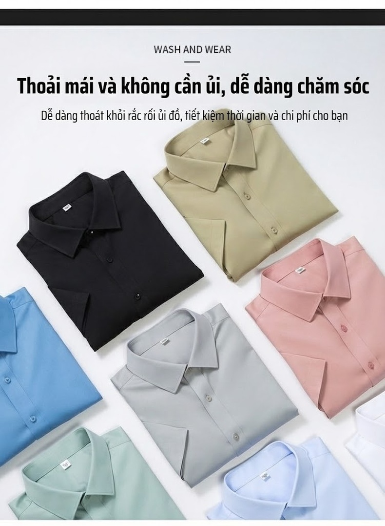 Áo Sơ Mi Nam Tay Ngắn Cotton Chống Nhăn Cao Cấp Màu Trắng, Xanh, Xám, Hồng chi tiết 18