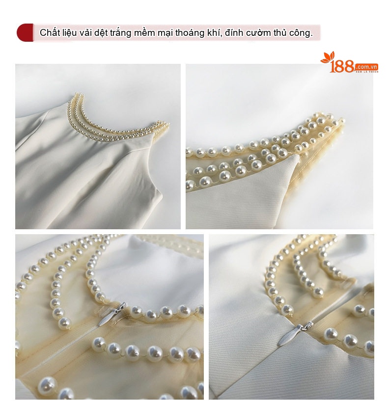 Váy Đầm Dự Tiệc Nữ Phong Cách Pháp Cổ Điển Đính Hạt Không Tay Màu Trắng, Đen chi tiết 4