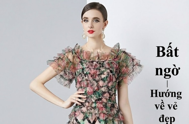 Váy Đầm Xòe Nữ Hở Vai Tay Ngắn Voan Lưới In Họa Tiết Bồng Bềnh chi tiết 1