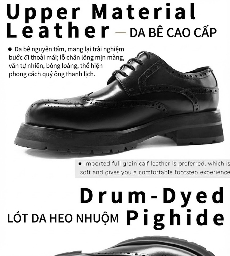 Giày Tây Buộc Dây Nam Da Thật Kiểu Brogue Chiều Cao Đế Khoảng 4cm Màu Đen, Nâu chi tiết 4