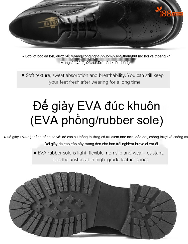 Giày Tây Buộc Dây Nam Da Thật Kiểu Brogue Chiều Cao Đế Khoảng 4cm Màu Đen, Nâu chi tiết 5