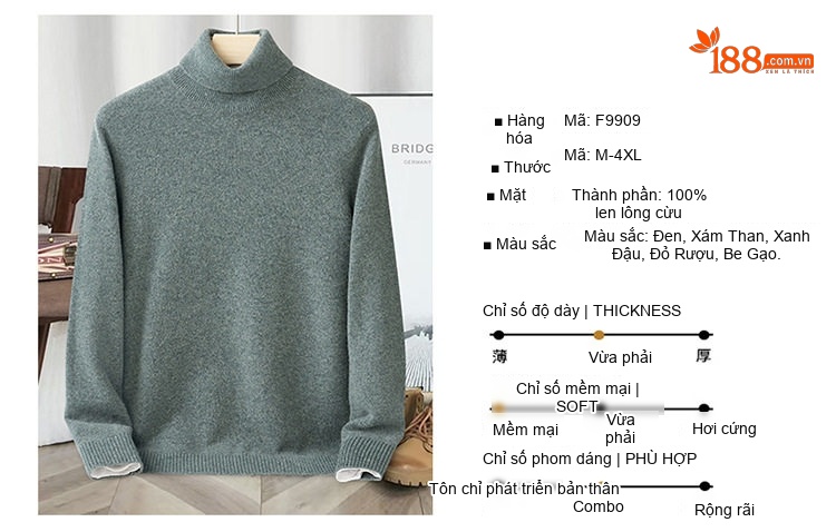 Áo Len Cổ Lọ Nam 100% Lông Cừu Dày Dặn Giữ Ấm Màu Be, Xám Đậm, Đen, Đỏ Rượu Vang chi tiết 2