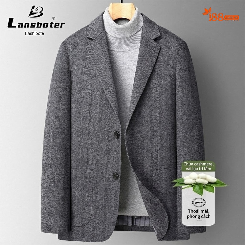 Áo Vest Nam Cashmere Lụa Tằm, Áo Khoác Blazer Kẻ Sọc Thu Đông Phong Cách Casual Màu Xám