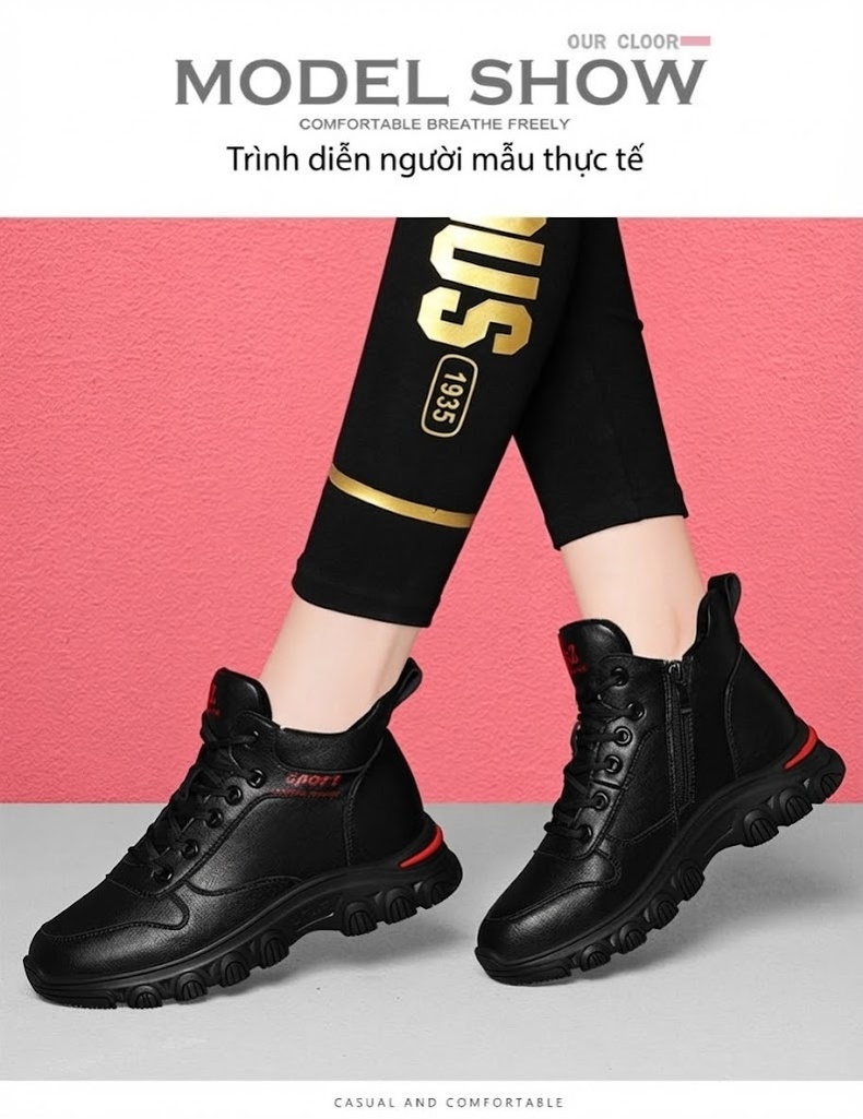 Giày Thể Thao Nữ Da Bóng Đế Mềm Chiều Cao Đế Khoảng 4cm Màu Đen chi tiết 4