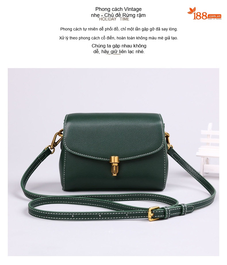 Túi Đeo Vai Nữ Da Thật Thiết Kế Mini Dáng Hộp Phong Cách Thu Đông Màu Xanh Lá chi tiết 2