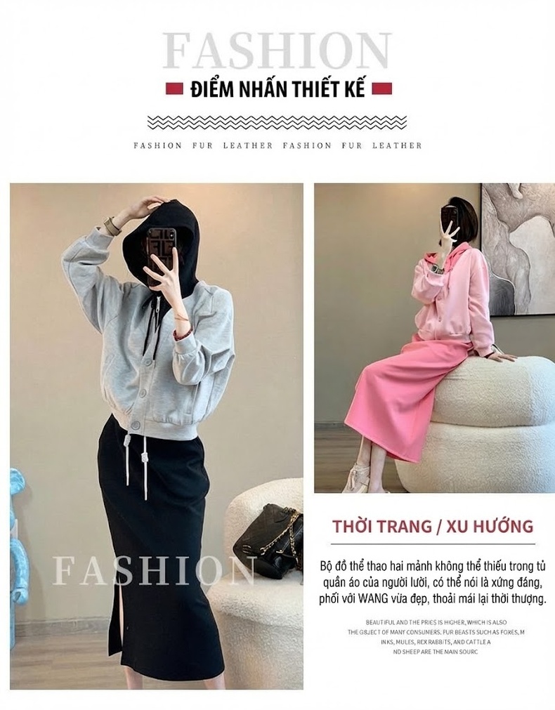 Set Bộ Nữ Áo Hoodie Giả Hai Lớp và Chân Váy Dáng Ôm Năng Động Màu Hồng, Xám, Đen chi tiết 1