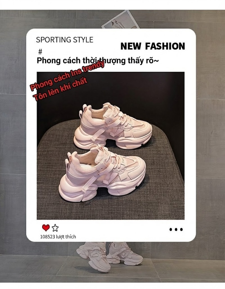 Giày Sneaker Nữ Da Mềm Đế Dày Phong Cách Ulzzang Chiều Cao Đế Khoảng 5cm Màu Trắng, Kem, Hồng chi tiết 7