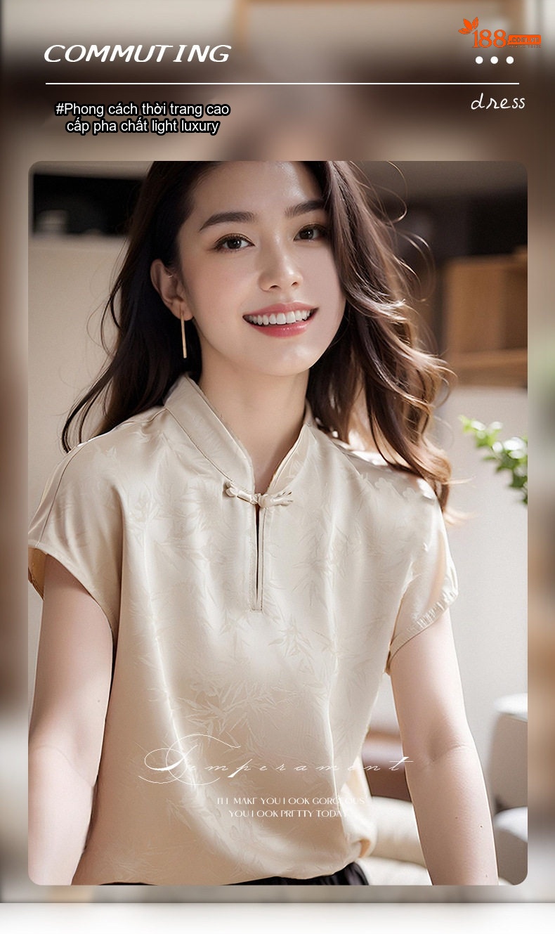 Áo Sơ Mi Nữ Tay Ngắn Cổ Trụ Khuy Tàu Gấm Thượng Hải Cách Tân Thanh Lịch chi tiết 1