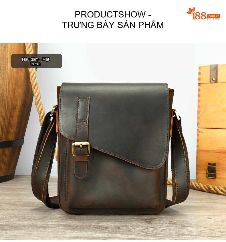 Túi Đeo Vai Nam Da Mộc Kiểu Dáng Postman Nắp Gập Cao Cấp Màu Nâu chi tiết 16