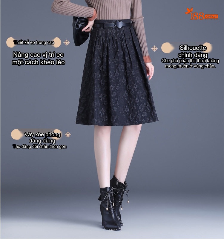 Chân Váy Chữ A Nữ Dáng Dài Họa Tiết Jacquard Che Hông Phong Cách Hàn Quốc Màu Đen chi tiết 3