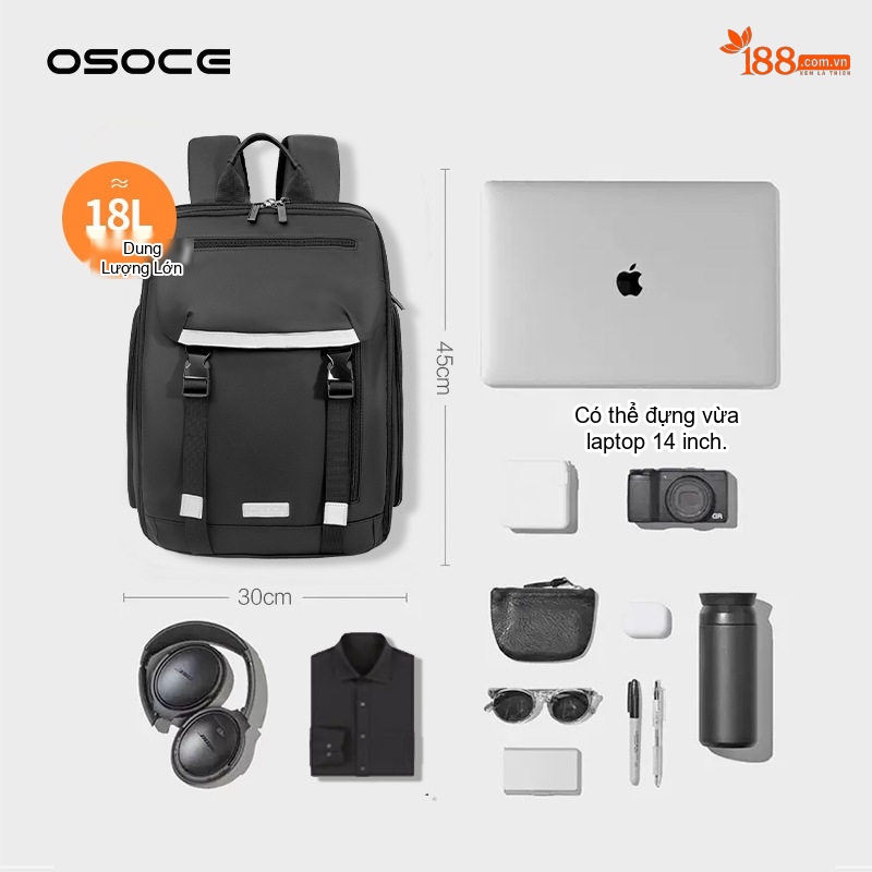 Balo Nam OSOCE Đựng Laptop 14 Inch Chống Nước Phong Cách Công Sở Màu Đen