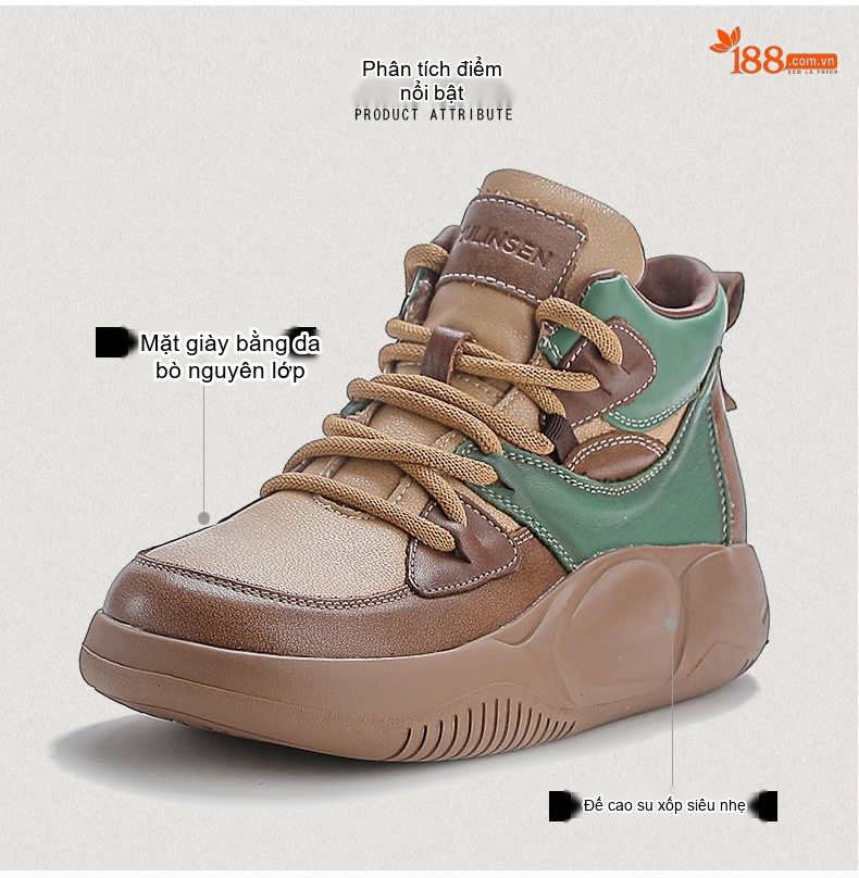 Giày Boot Nữ Da Bò Cổ Cao Thắt Dây Chiều Cao Đế Khoảng 5cm Màu Nâu, Vàng Be, Xanh Lá chi tiết 3