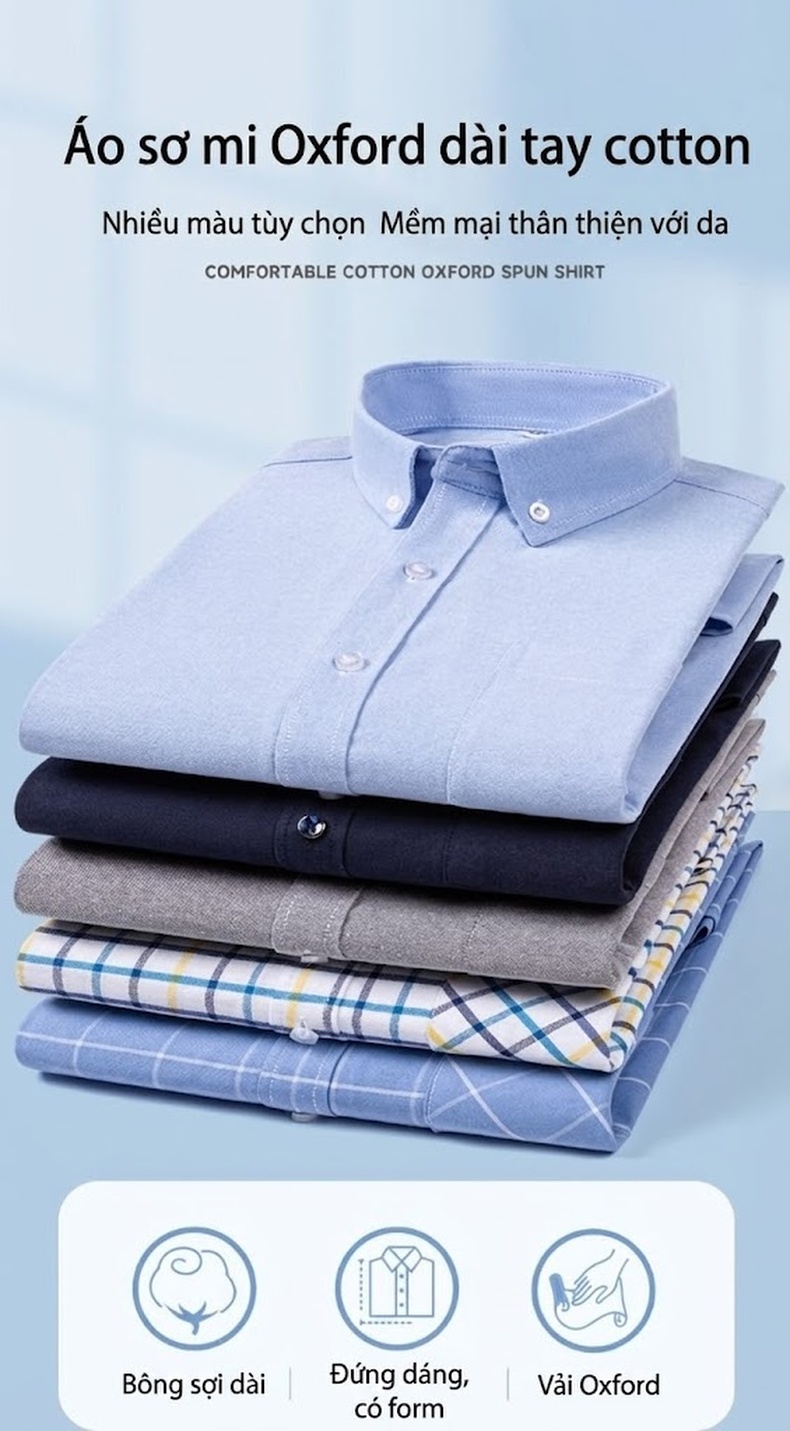 Áo Sơ Mi Nam Tay Dài Oxford Cotton Thoáng Khí Họa Tiết Kẻ Sọc Lớn Màu Xanh Dương, Đen, Trắng, Xám... chi tiết 1