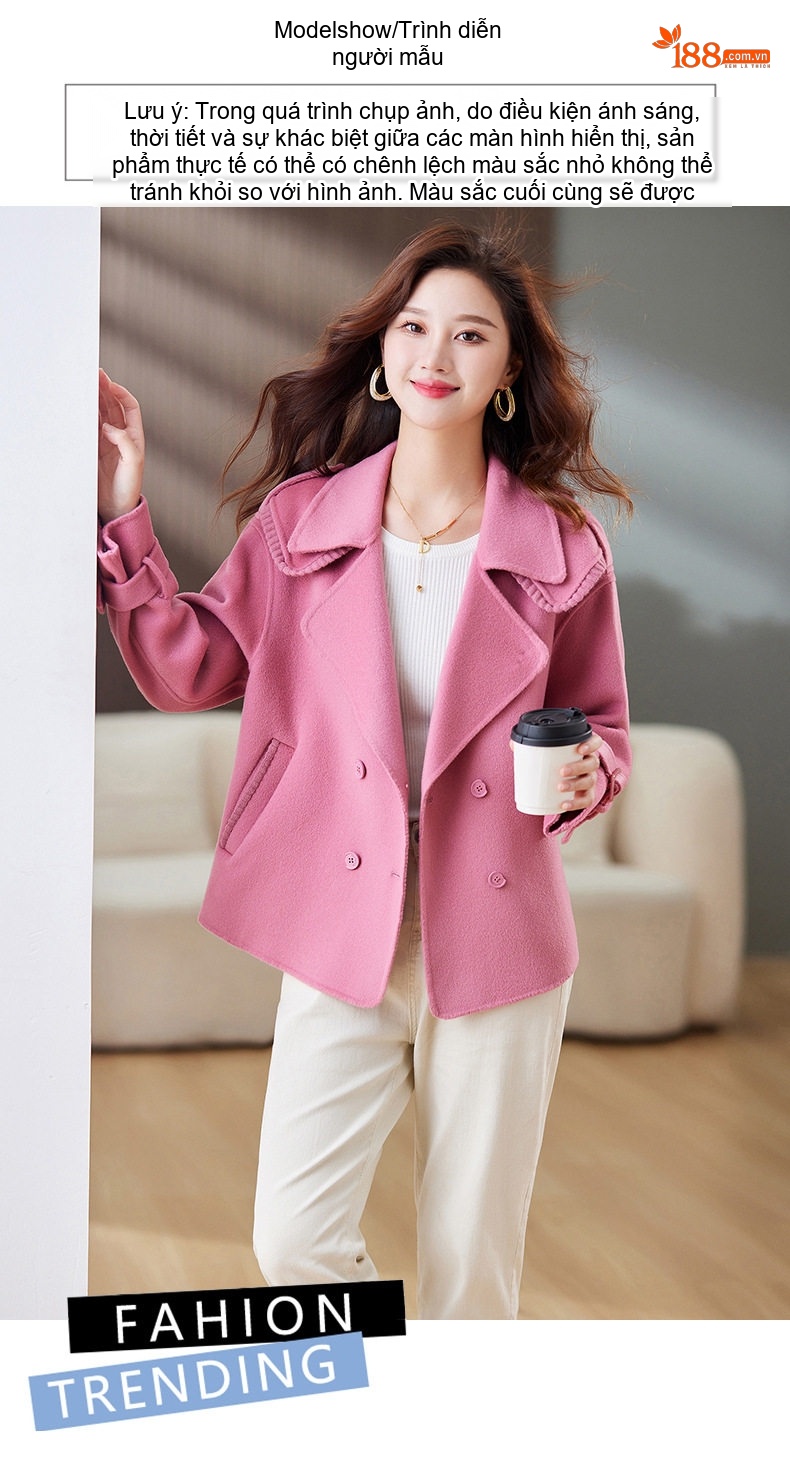 Áo Khoác Dạ Nữ Hai Mặt Dáng Ngắn Cổ chữ Vest Thời Trang Màu Đỏ, Nâu, Đen, Hồng chi tiết 33