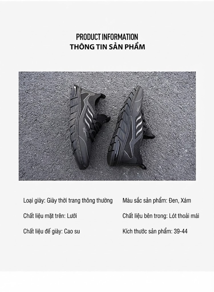 Giày Thể Thao Nam Vải Lưới Thoáng Khí Chiều Cao Đế Khoảng 3cm Màu Đen, Xám chi tiết 6