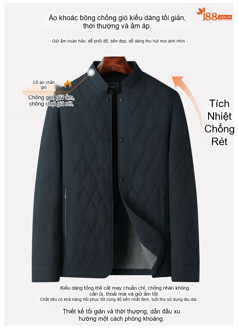 Áo Khoác Bông Nam Trung Niên Dáng Dài Vừa Cổ Trụ Chống Gió Giữ Ấm Màu Xanh Navy chi tiết 7