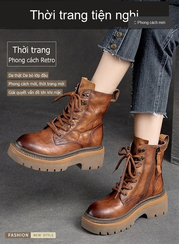 Boot Nữ Cổ Ngắn Đế Dày Làm Cũ Khóa Kéo Bên Hông Chiều Cao Đế Khoảng 5cm Màu Nâu, Đen chi tiết 1