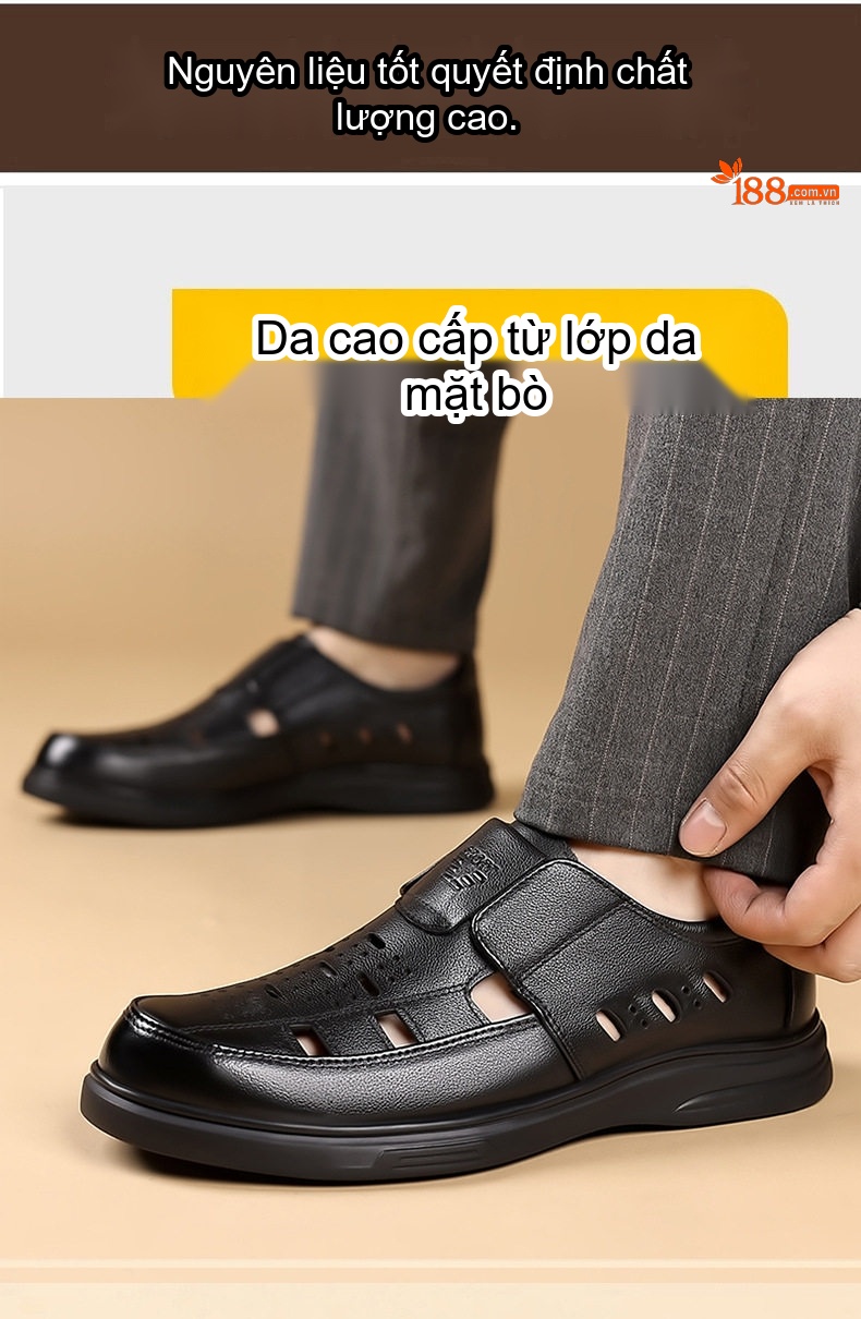 Sandal Nam Da Bò Đục Lỗ Thoáng Khí Chiều Cao Đế Khoảng 3cm Màu Nâu, Đen chi tiết 5
