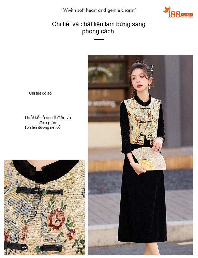 Đầm Trung Niên Dáng Dài Tay Dài Kèm Áo Gile Gấm Thêu Họa Tiết Phong Cách Retro Màu Đen chi tiết 6