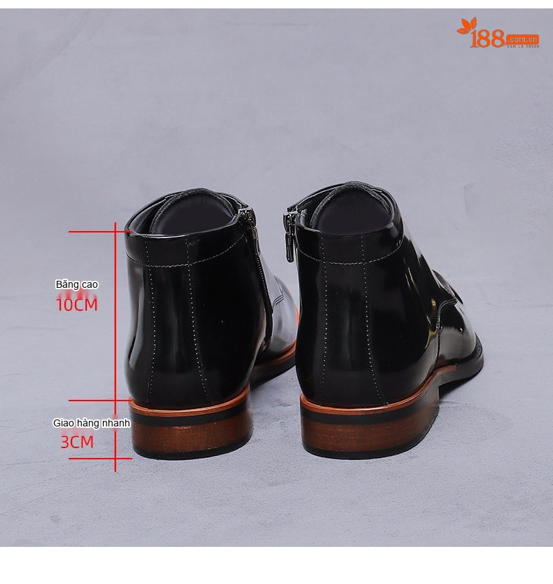 Giày Boot Nam Cổ Cao Da Bóng Mũi Nhọn Có Khóa Kéo Chiều Cao Đế Khoảng 3cm Màu Đen chi tiết 18