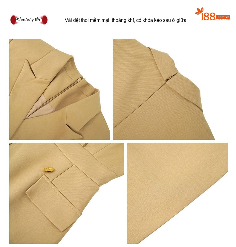Váy Đầm Công Sở Nữ Tay Ngắn Cổ chữ Vest Hai Hàng Khuy Ôm Dáng Màu Đen, Nâu, Kem chi tiết 4