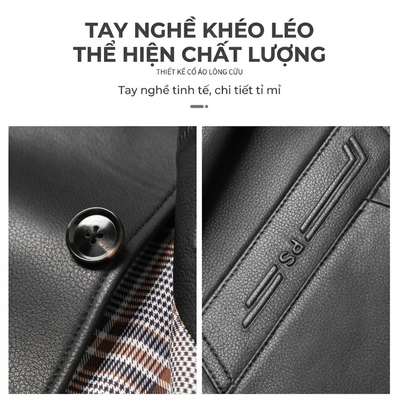 Áo Khoác Da Dài Tay Nam Da Cừu Thật Phong Cách Doanh Nhân Màu Xám chi tiết 4
