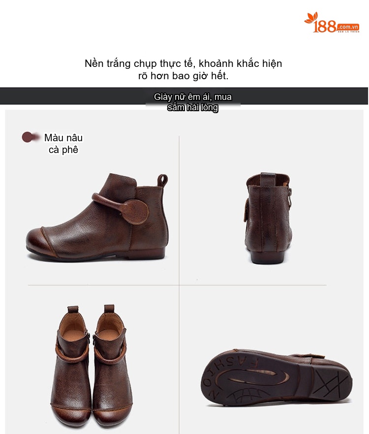 Boot Nữ Cổ Ngắn Lót Lông Giữ Ấm Khóa Kéo Bên Hông Đế Bệt Chiều Cao Đế Khoảng 1cm Màu Nâu chi tiết 14