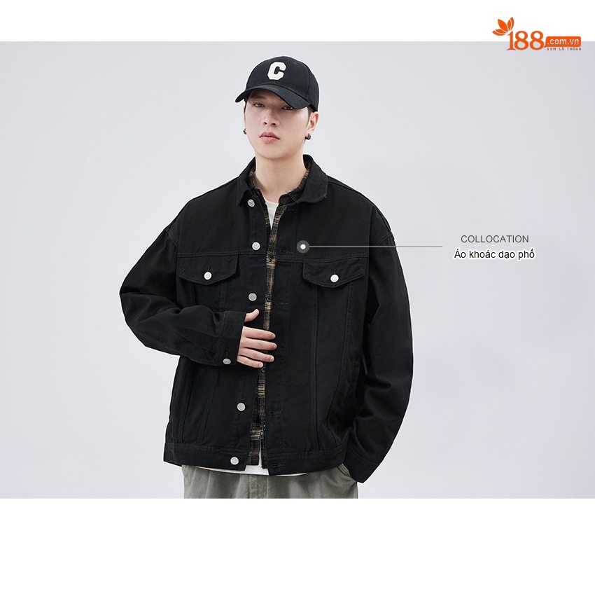 Áo Khoác Jeans Nam Dáng Rộng Phong Cách Retro Màu Hồng, Nâu, Tím, Xanh Lá chi tiết 17