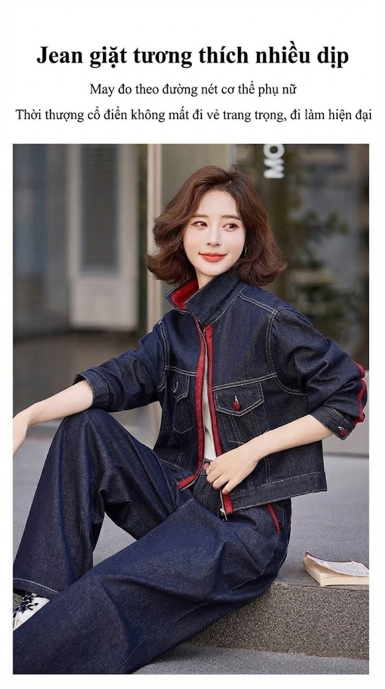 Set Áo Khoác Jean Nữ Cổ Bẻ Tay Dài Quần Ống Rộng Màu Xanh Jean chi tiết 4