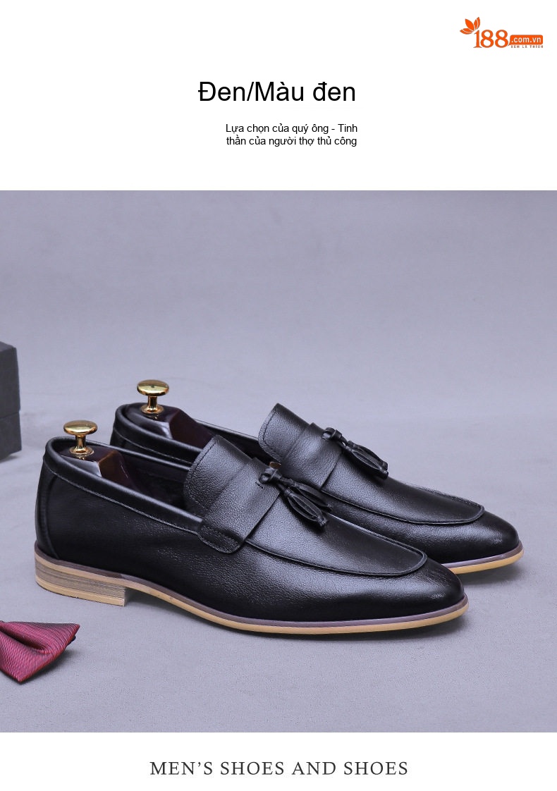 Giày Lười Nam Da Bò Retro Tua Rua Chiều Cao Đế Khoảng 3cm Màu Đen, Nâu chi tiết 12