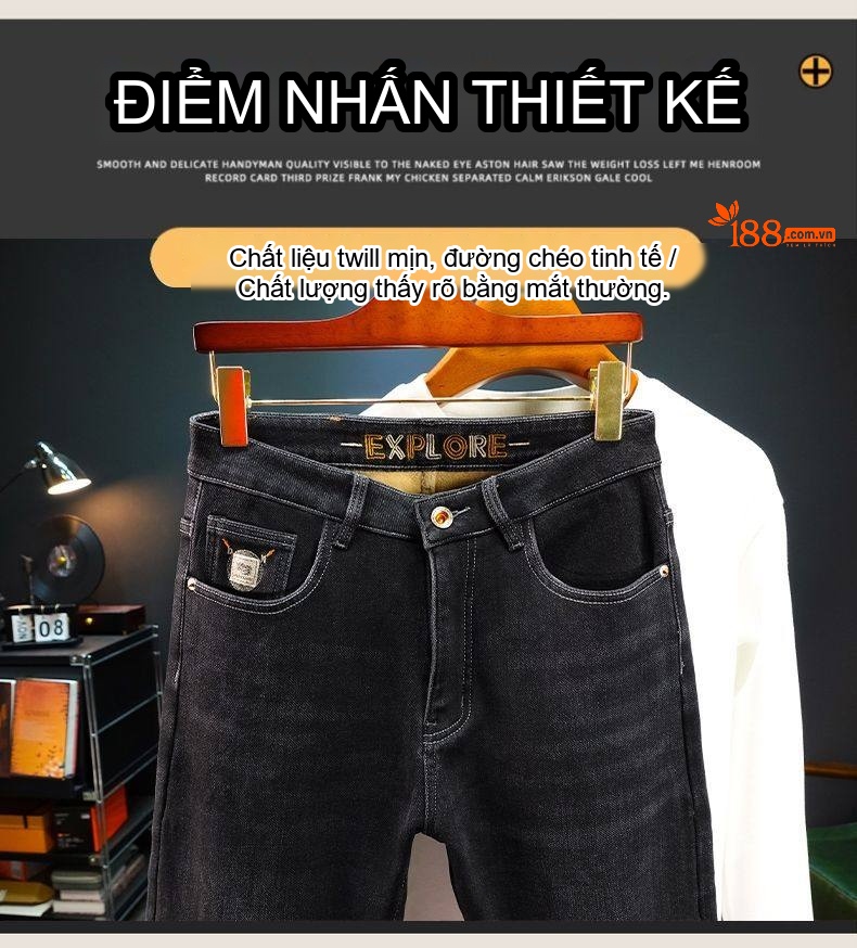 Quần Jean Nam Ống Đứng Co Giãn Thoải Mái Lót Lông Màu Đen, Xanh Đậm chi tiết 13
