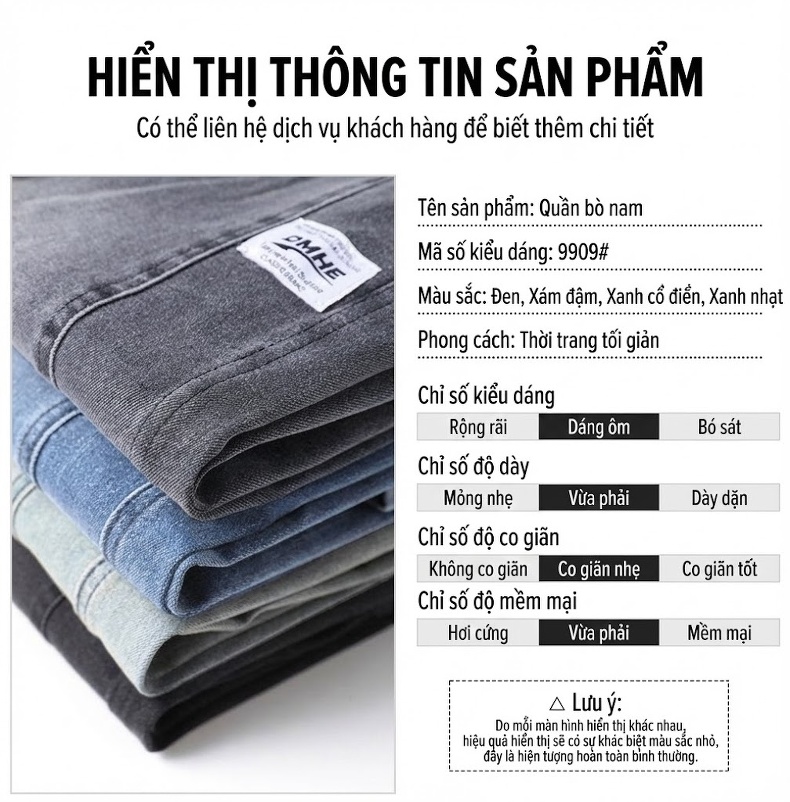 Quần Jean Nam Dáng Rộng Ống Suông Lưng Thun Co Giãn Phong Cách Retro Màu Xanh Dương, Xám Đen chi tiết 5