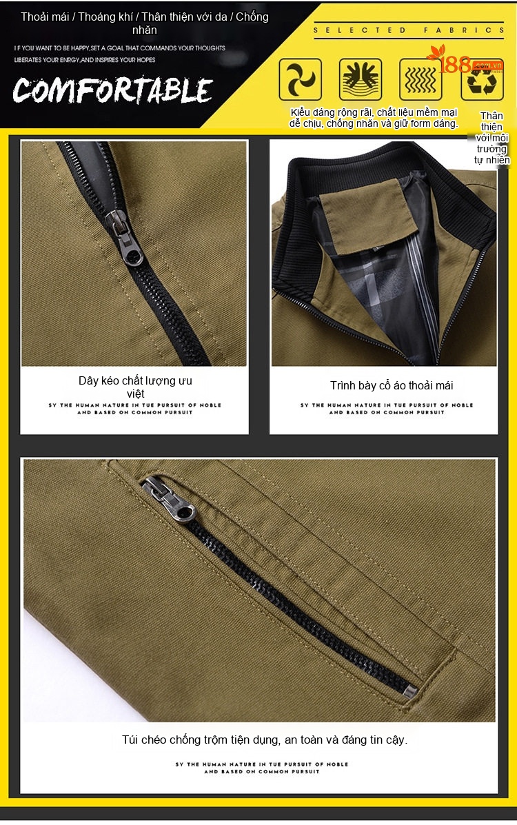 Áo Khoác Bomber Nam Cotton Dáng Đứng Cổ Giản Dị Màu Xanh Olive, Đỏ, Xanh Lá, Đen... chi tiết 8