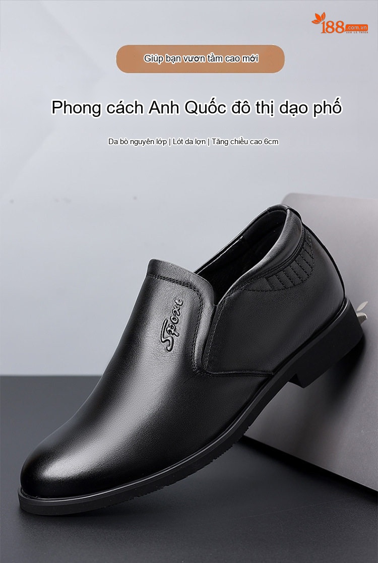 Giày Lười Nam Da Bò Chiều Cao Đế Khoảng 6cm Màu Đen chi tiết 1