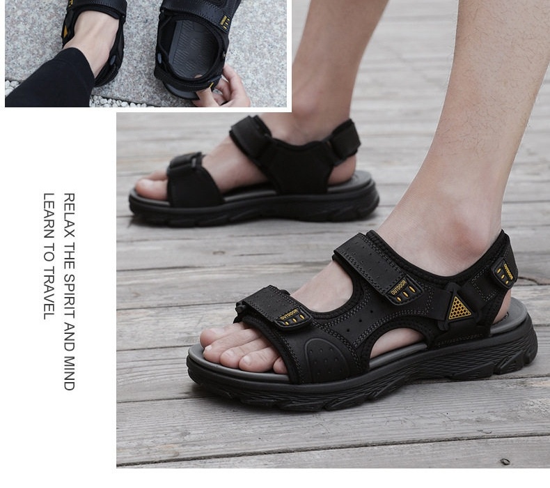 Sandal Nam Da Bò Hở Ngón Thoáng Khí Chiều Cao Đế Khoảng 3cm Màu Nâu, Đen chi tiết 21