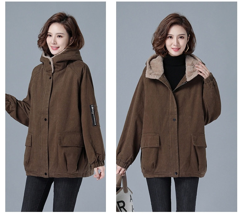 Áo Khoác Nữ Cotton Lót Lông Cừu Non Dày Dặn Có Mũ Trùm Đầu Màu Đỏ, Nâu, Đen chi tiết 2