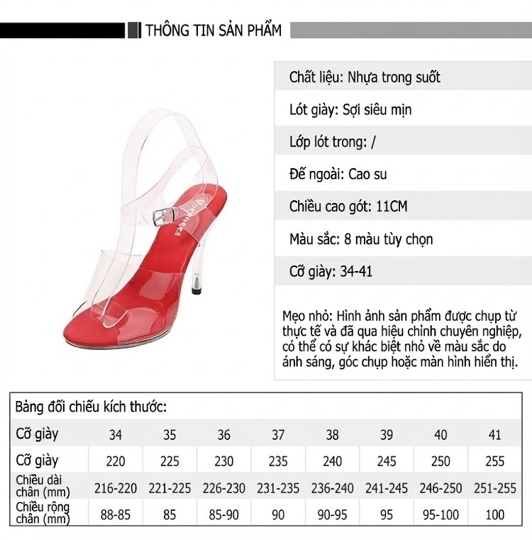 Giày Sandal Cao Gót Nữ Quai Trong Suốt Đính Đá Gót Cao 11cm Màu Đen, Trắng, Hồng, Vàng... chi tiết 2