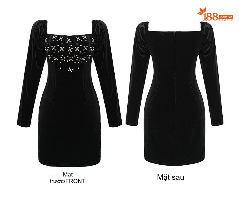 Váy Đầm Nữ Tiểu Thư Cổ chữ Vuông Tay Dài Đính Đá Phong Cách Hepburn Màu Đen chi tiết 5