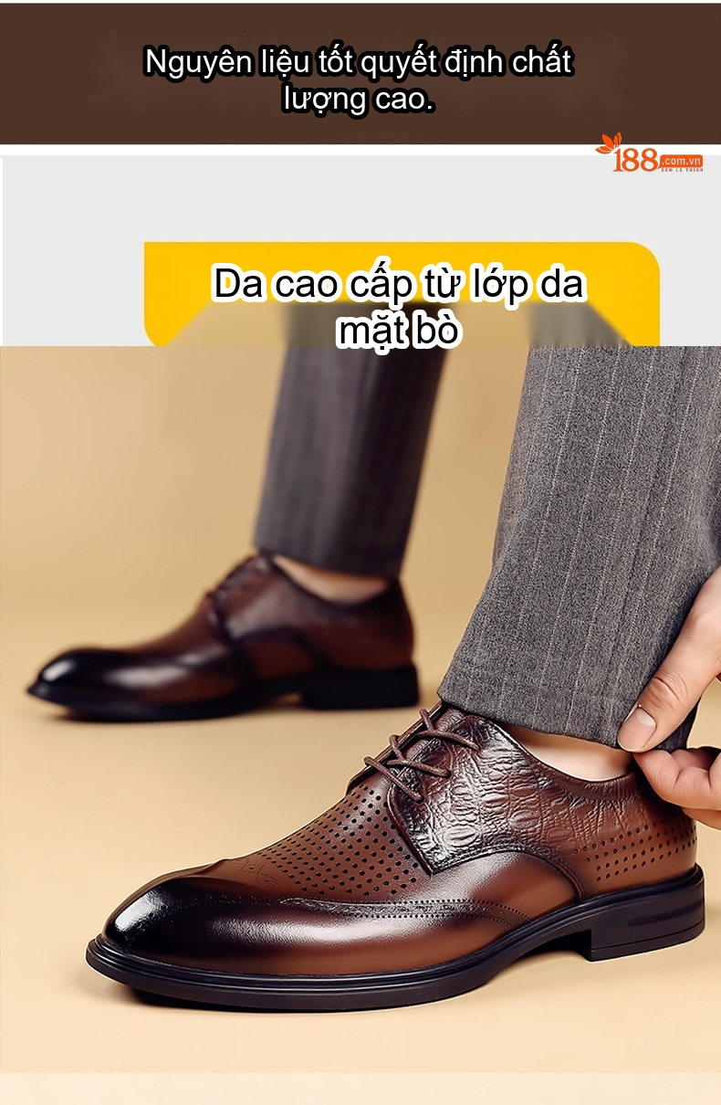 Giày Tây Đục Lỗ Nam Da Bò Chiều Cao Đế Khoảng 3cm Màu Đen, Nâu chi tiết 7