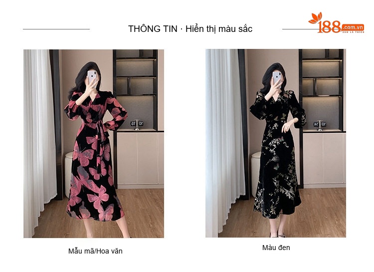 Váy liền thân Nữ Chất Nhung Tay Dài In Hoa Phong Cách Pháp Thu Đông Màu Đen chi tiết 6
