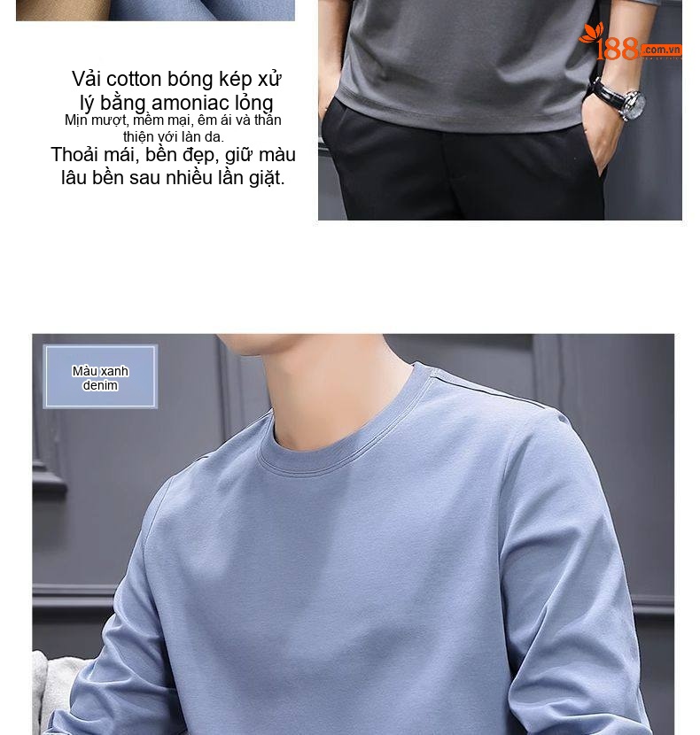 Áo Thun Dài Tay Nam Sợi Amoniac Lụa Cotton Áo Kiểu Mặc Lót Cao Cấp Màu Trắng, Xám, Xanh, Nâu... chi tiết 28