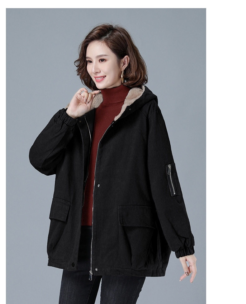 Áo Khoác Nữ Cotton Lót Lông Cừu Non Dày Dặn Có Mũ Trùm Đầu Màu Đỏ, Nâu, Đen chi tiết 11