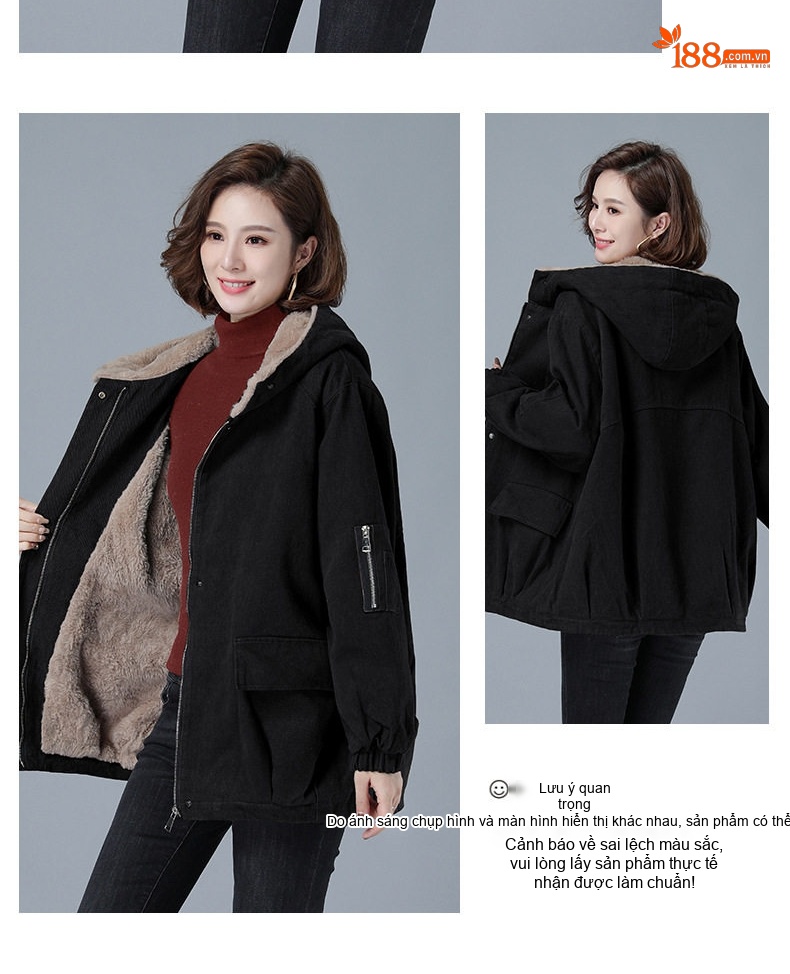Áo Khoác Nữ Cotton Lót Lông Cừu Non Dày Dặn Có Mũ Trùm Đầu Màu Đỏ, Nâu, Đen chi tiết 12