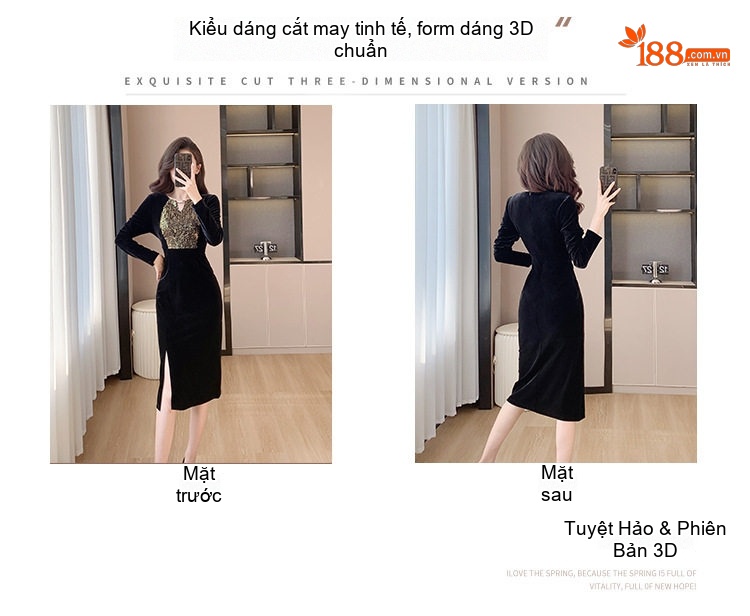 Váy liền thân Nữ Kim Tuyến Nhung Pháp Ôm Dáng Xẻ Tà Màu Đen chi tiết 4