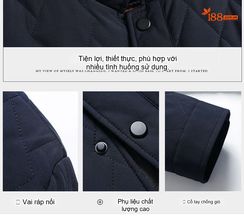 Áo Khoác Bông Nam Trung Niên Dáng Dài Vừa Cổ Trụ Chống Gió Giữ Ấm Màu Xanh Navy chi tiết 4