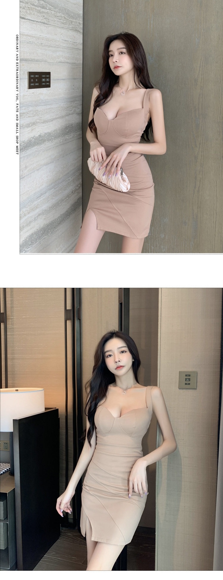 Váy Đầm Hai Dây Nữ Cổ chữ V Sâu Hở Lưng Xẻ Tà Ôm Body Gợi Cảm Màu Nâu, Đen, Trắng chi tiết 6
